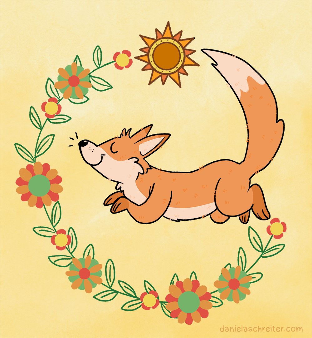 Comic ornament Illustration: A fox is jumping in the middle of a garland of colorful flowers. Above him shines a stylized sun. The fox looks happy and calm.