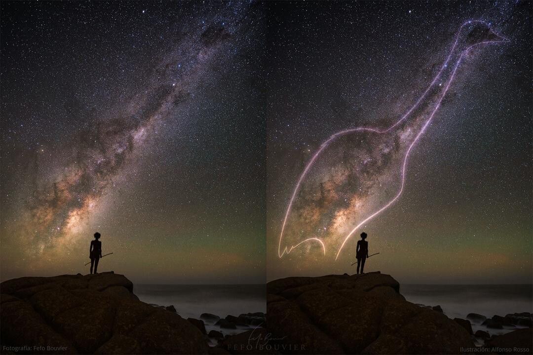 Two identical images are shown side by side. On each, a silhouette of a person holding a long stick is shown standing on a rock before the sea. Above the person, running diagonally, is the central band of our Milky Way Galaxy. On the right image, a type of bird called a Nandu is shown in outline.