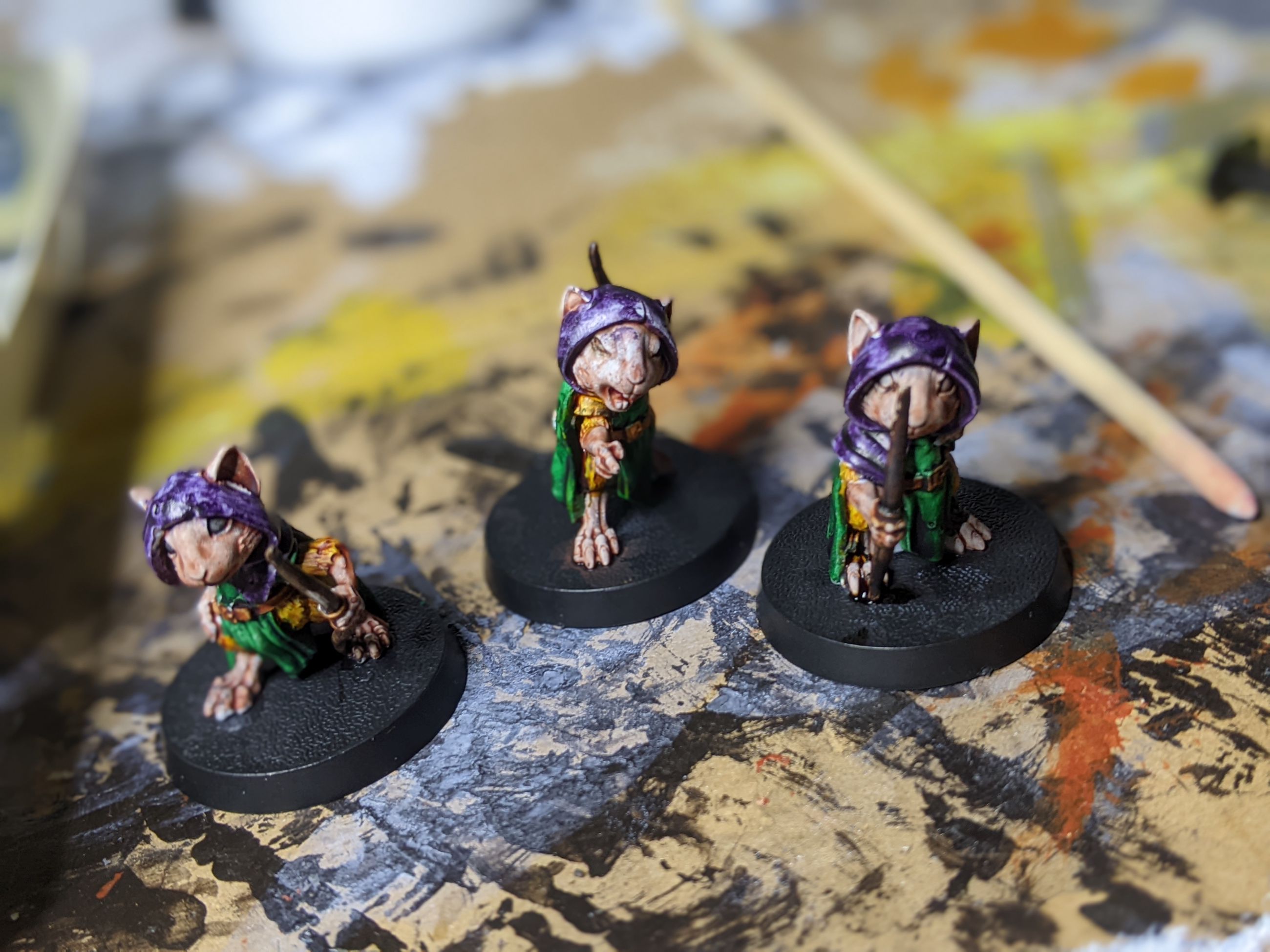 Three mouse archer 28mm miniatures painted almost ready to play