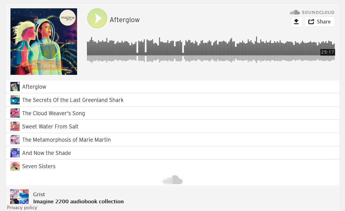 7 story collection of solarpunk audiobooks, playlist:

Afterglow
The Secrets of the Last Greenland Shark
The Cloud Weaver's Song
Sweet Water from Salt
The Metamorphosis of Mari Martin
And Now the Shade
Seven Sisters