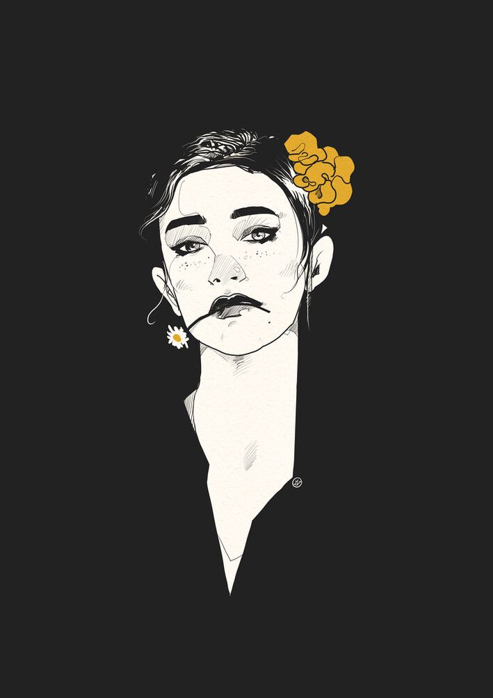 Girl with a daisy in her mouth and flower in her hair